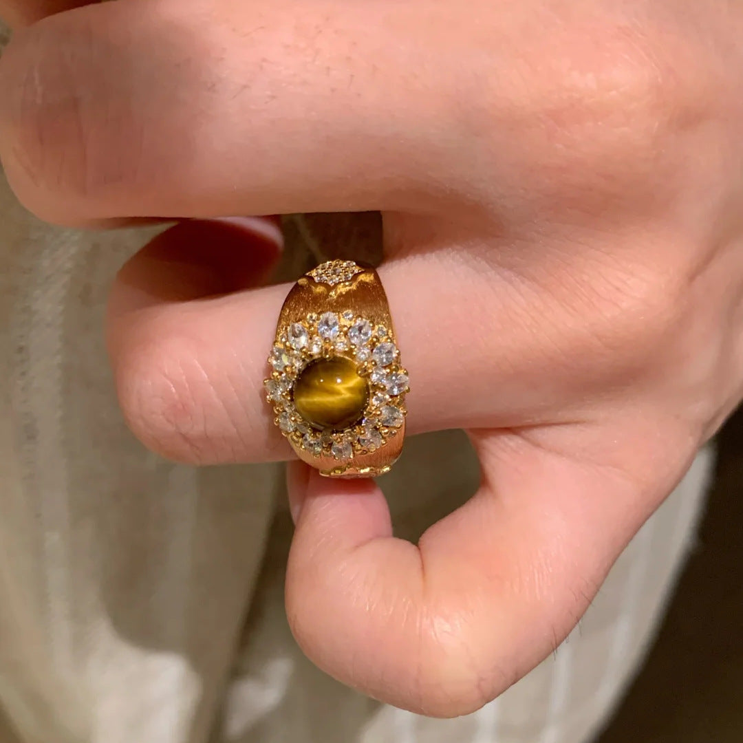 Sparkling Rhinestone Ring in Vintage Luxury Natural Tiger Eye