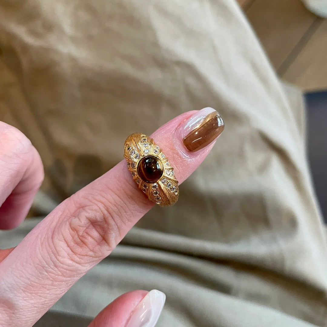 Sparkling Rhinestone Ring in Vintage Luxury Natural Tiger Eye