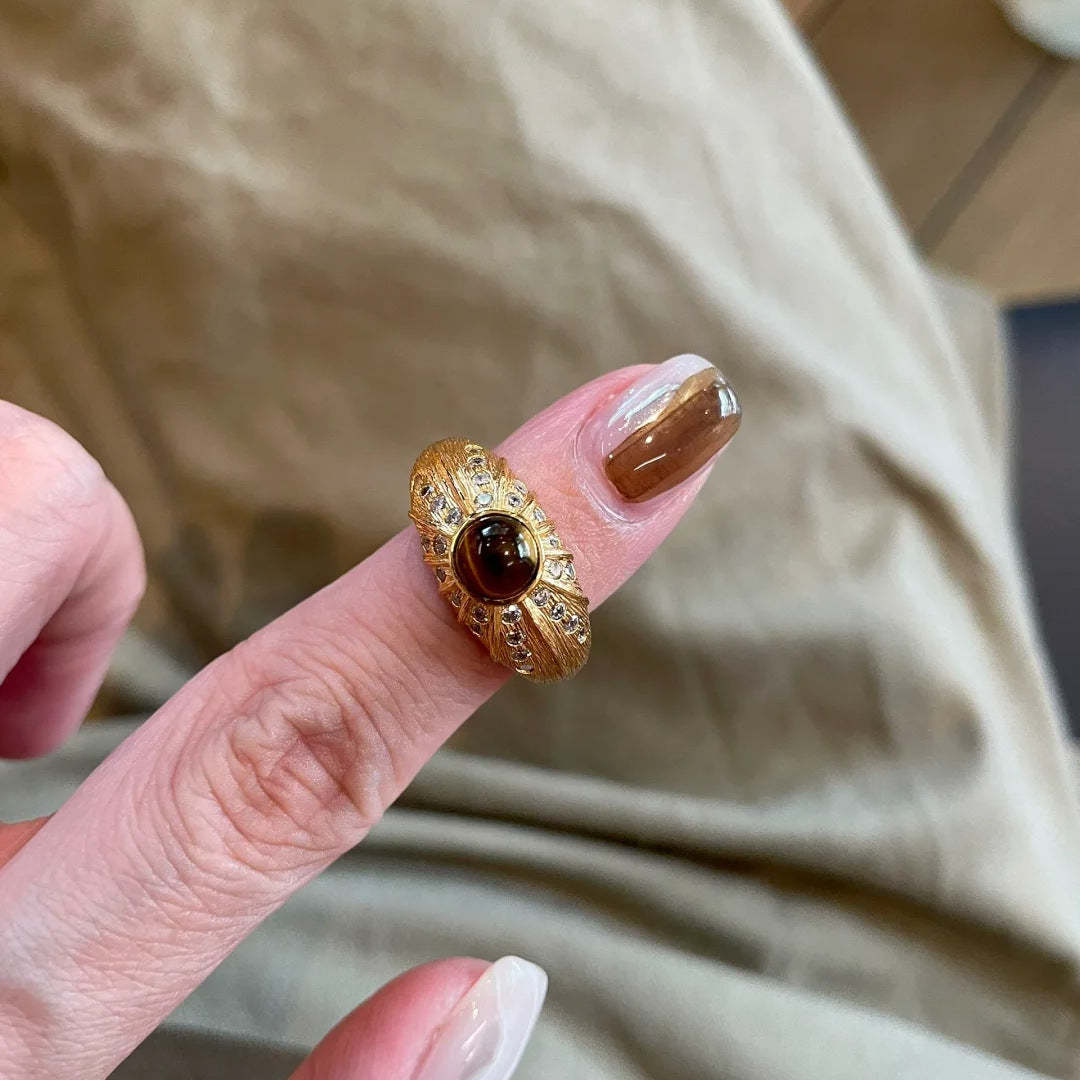 Sparkling Rhinestone Ring in Vintage Luxury Natural Tiger Eye