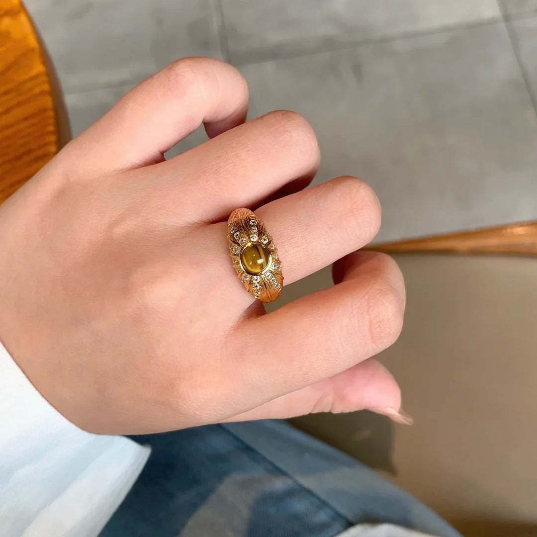 Sparkling Rhinestone Ring in Vintage Luxury Natural Tiger Eye
