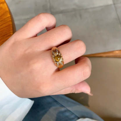 Sparkling Rhinestone Ring in Vintage Luxury Natural Tiger Eye