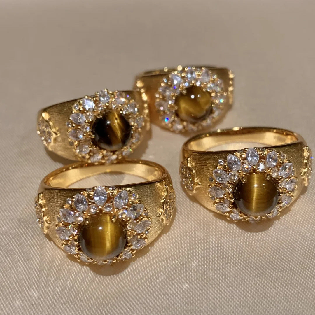 Sparkling Rhinestone Ring in Vintage Luxury Natural Tiger Eye