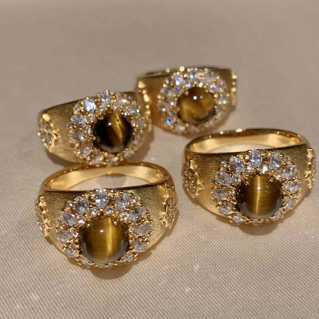 Sparkling Rhinestone Ring in Vintage Luxury Natural Tiger Eye