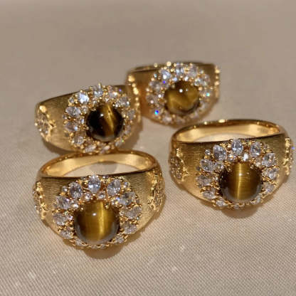 Sparkling Rhinestone Ring in Vintage Luxury Natural Tiger Eye