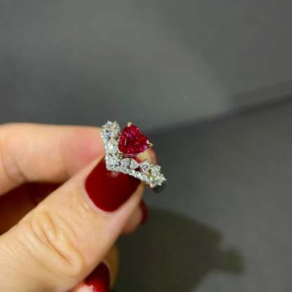 Heart V Ring with Rhinestones in Vintage Red