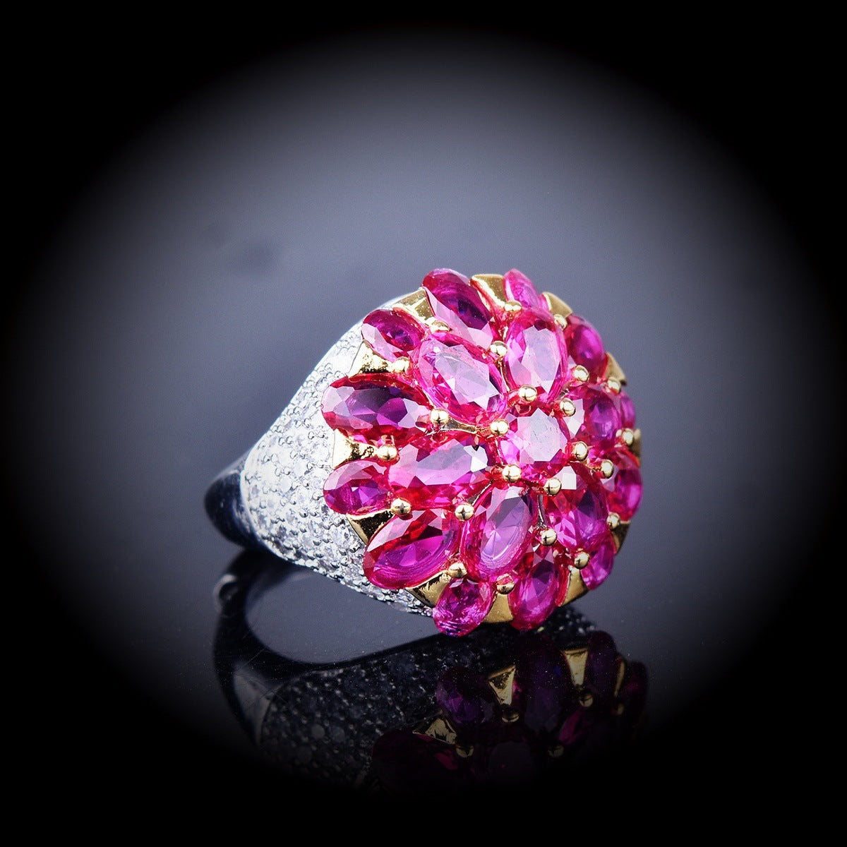Fuchsia Rhinestone Cone Flower Ring in Vintage High-End Style