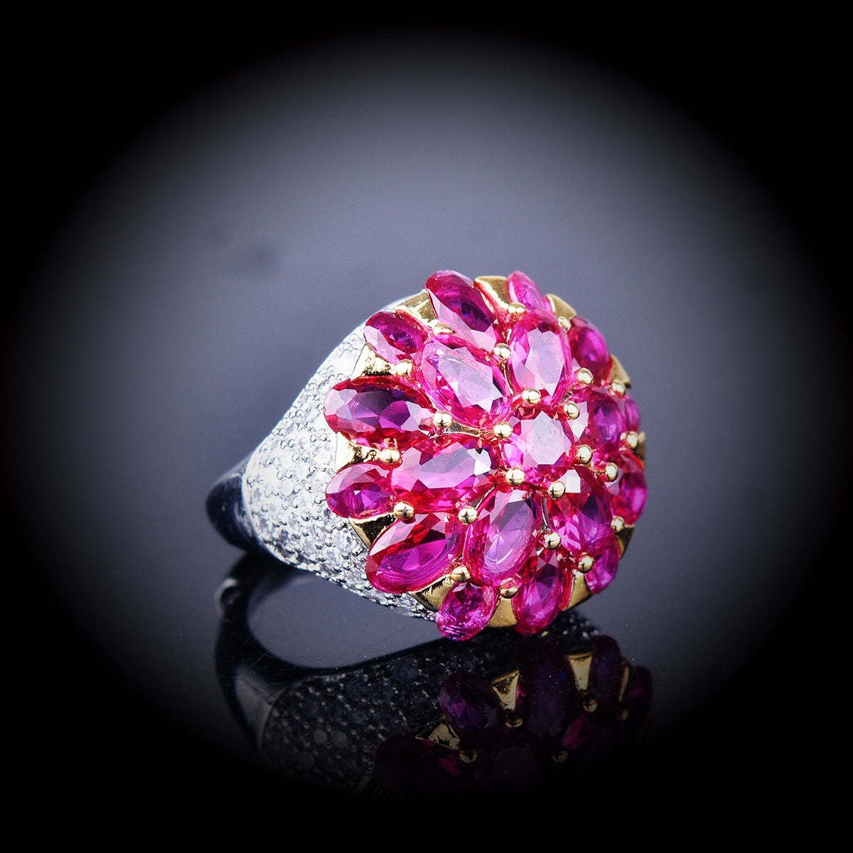 Fuchsia Rhinestone Cone Flower Ring in Vintage High-End Style