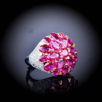 Fuchsia Rhinestone Cone Flower Ring in Vintage High-End Style