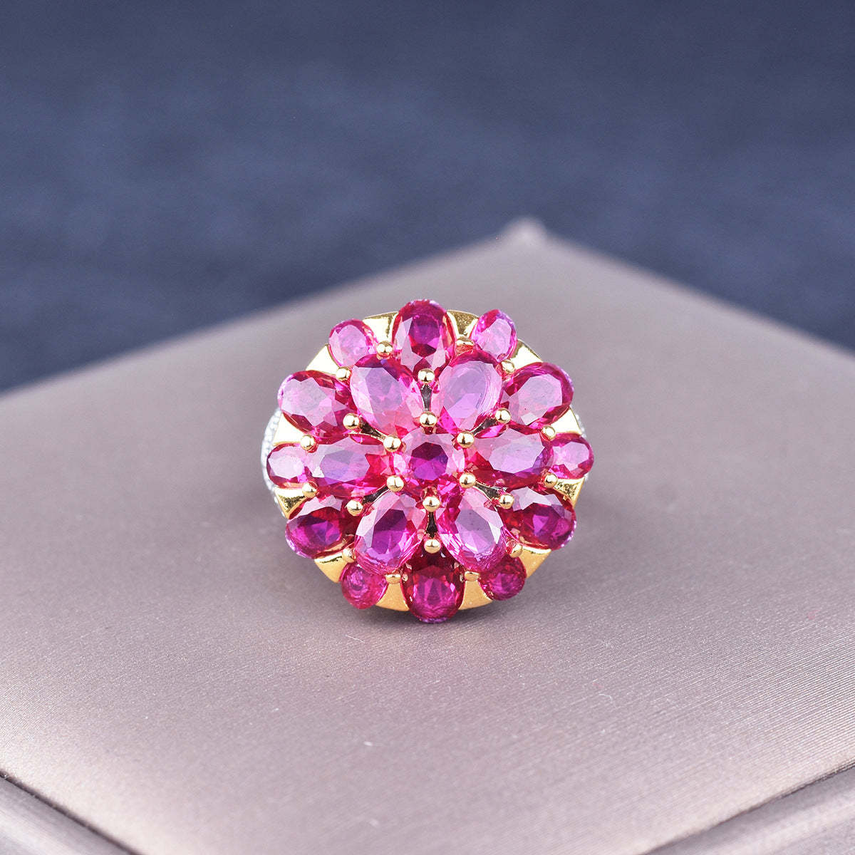 Fuchsia Rhinestone Cone Flower Ring in Vintage High-End Style