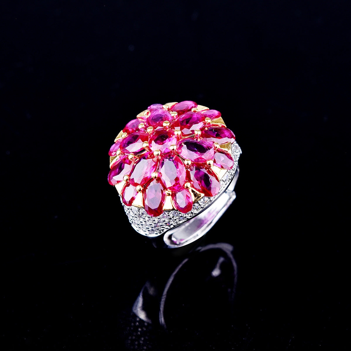 Fuchsia Rhinestone Cone Flower Ring in Vintage High-End Style