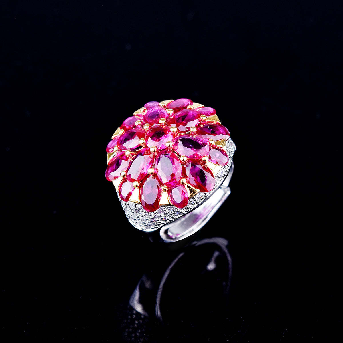 Fuchsia Rhinestone Cone Flower Ring in Vintage High-End Style