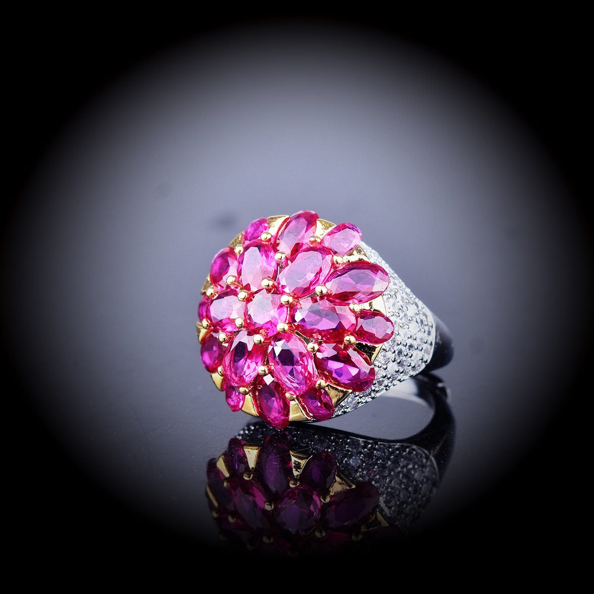 Fuchsia Rhinestone Cone Flower Ring in Vintage High-End Style