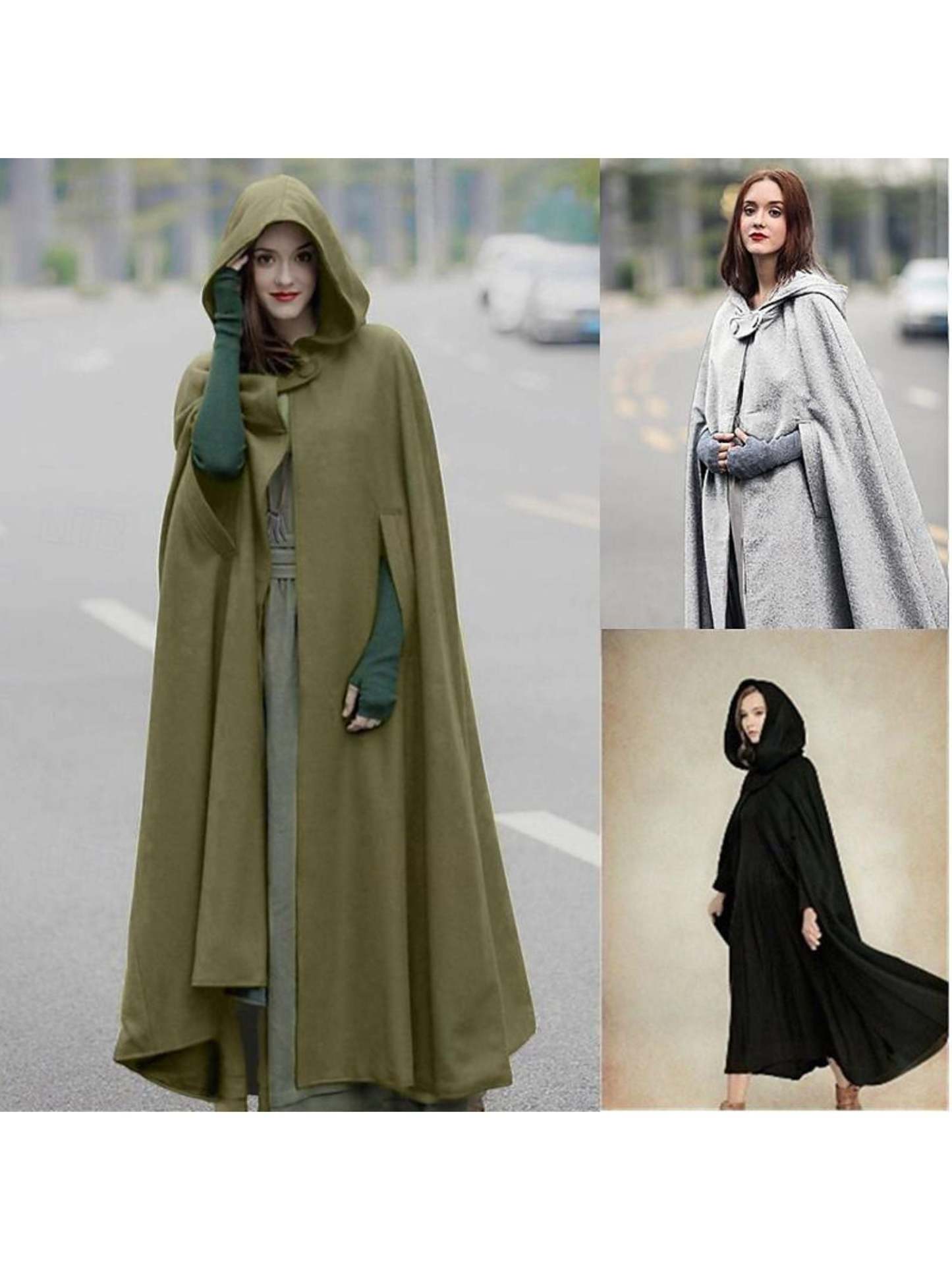 Long Vintage Hooded Cloak for Adults in Dark Green Medieval Style