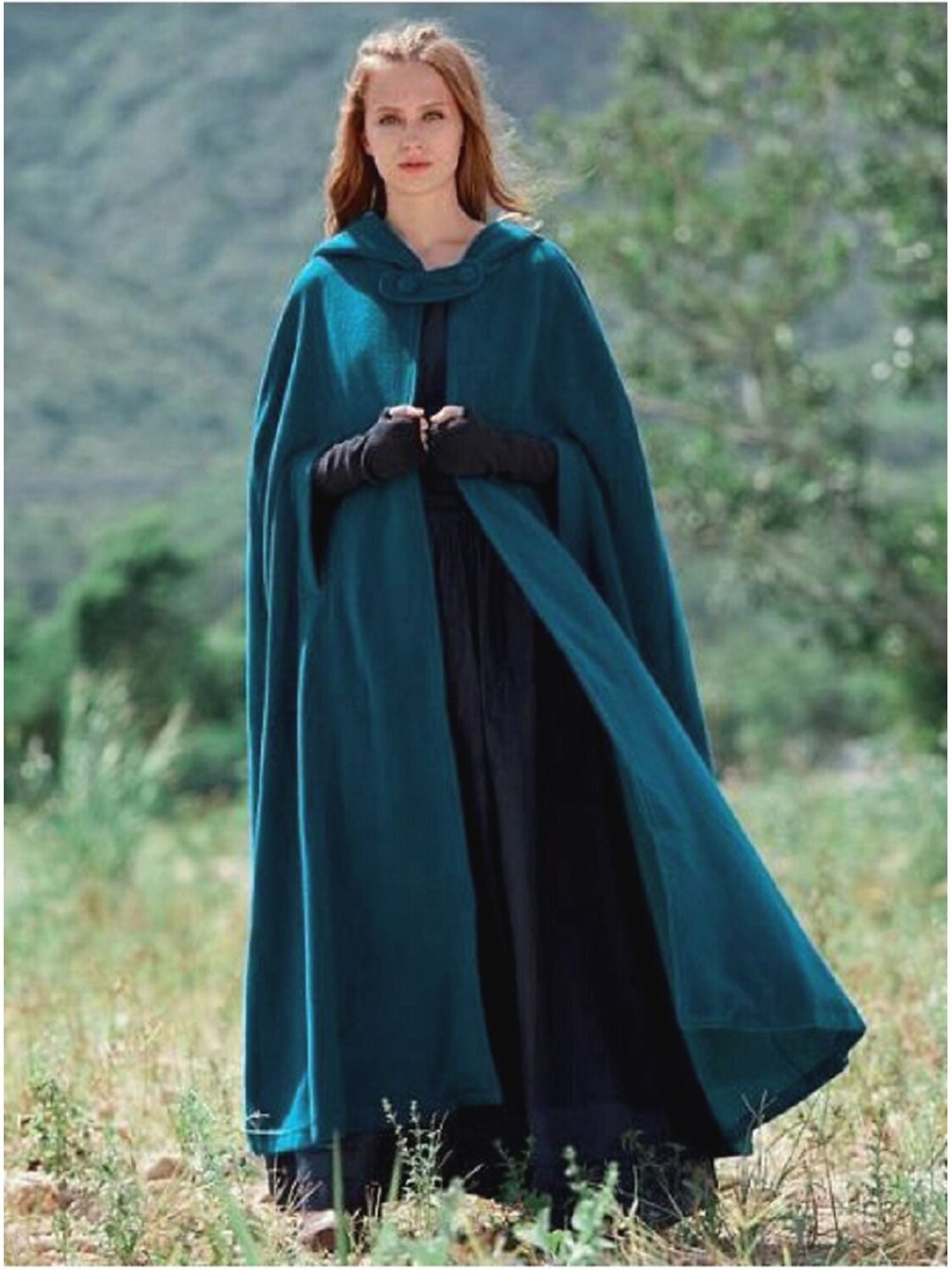 Long Vintage Hooded Cloak for Adults in Dark Green Medieval Style