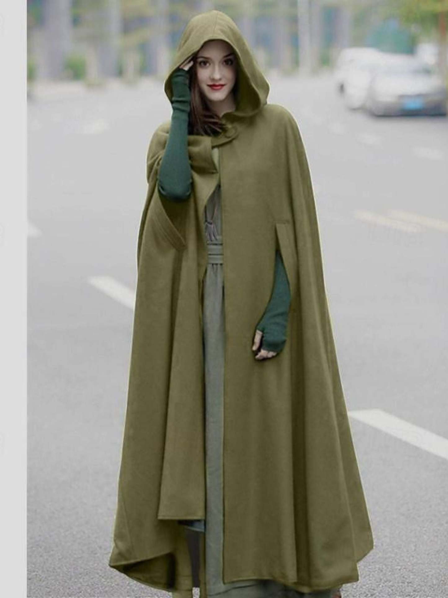 Long Vintage Hooded Cloak for Adults in Dark Green Medieval Style