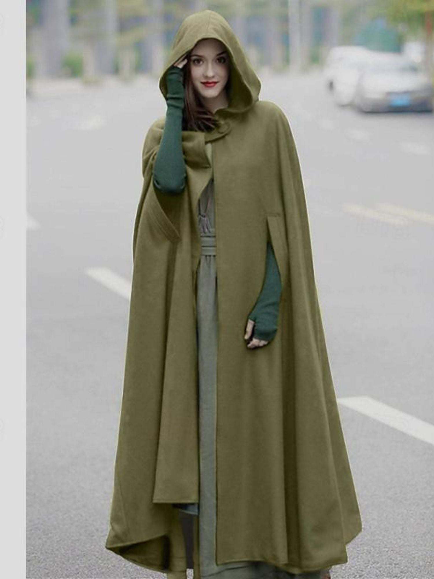 Long Vintage Hooded Cloak for Adults in Dark Green Medieval Style