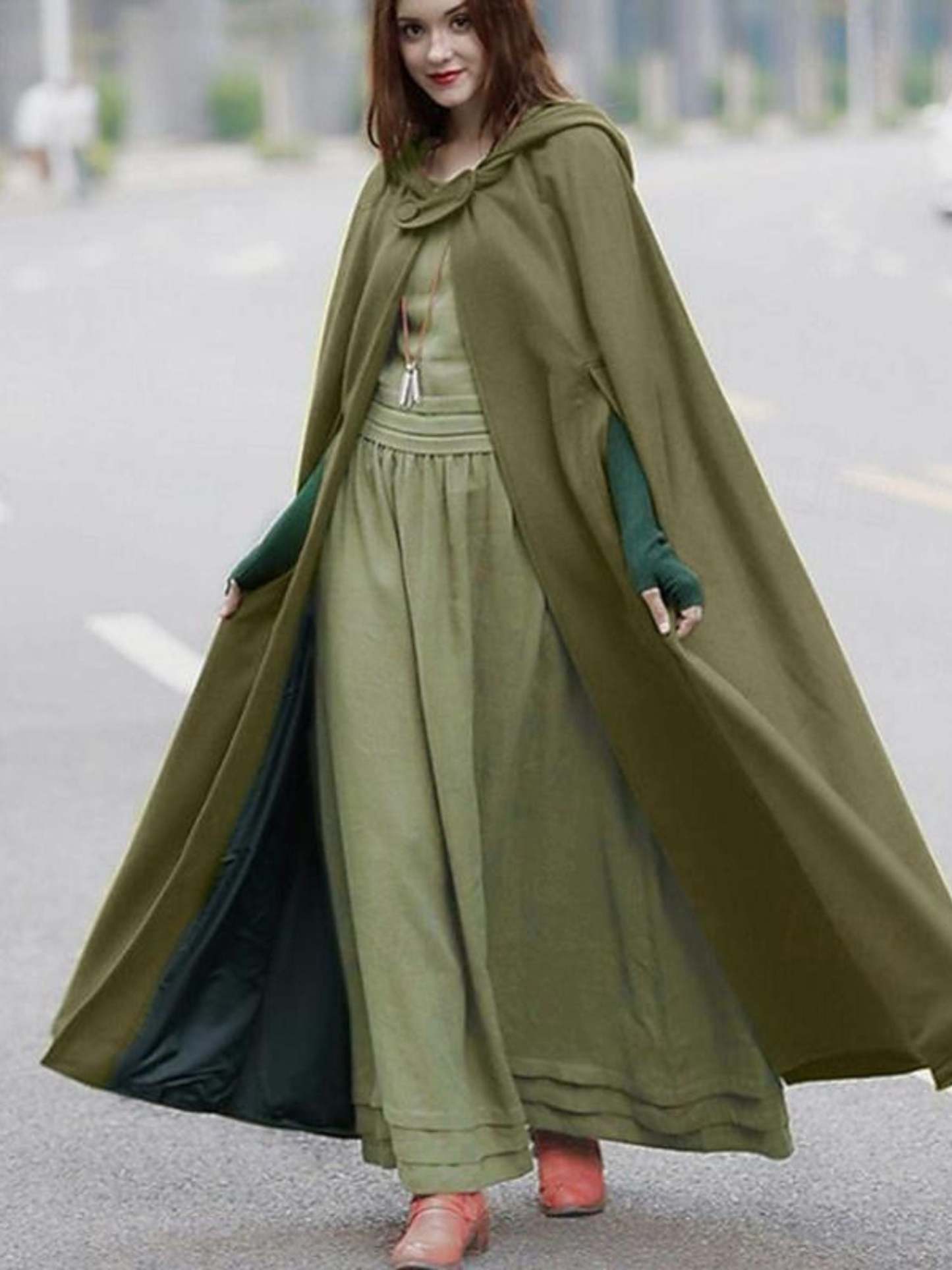 Long Vintage Hooded Cloak for Adults in Dark Green Medieval Style