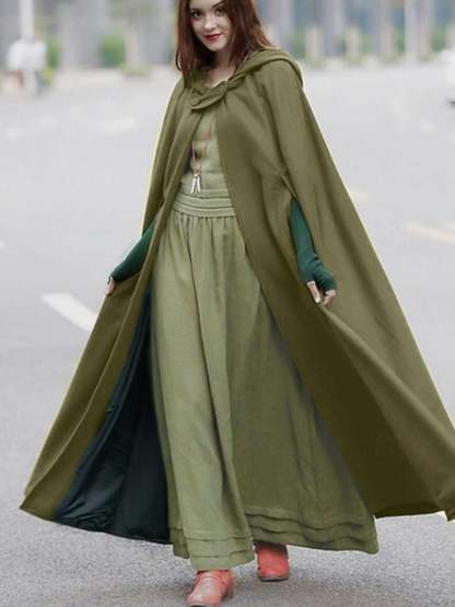 Long Vintage Hooded Cloak for Adults in Dark Green Medieval Style