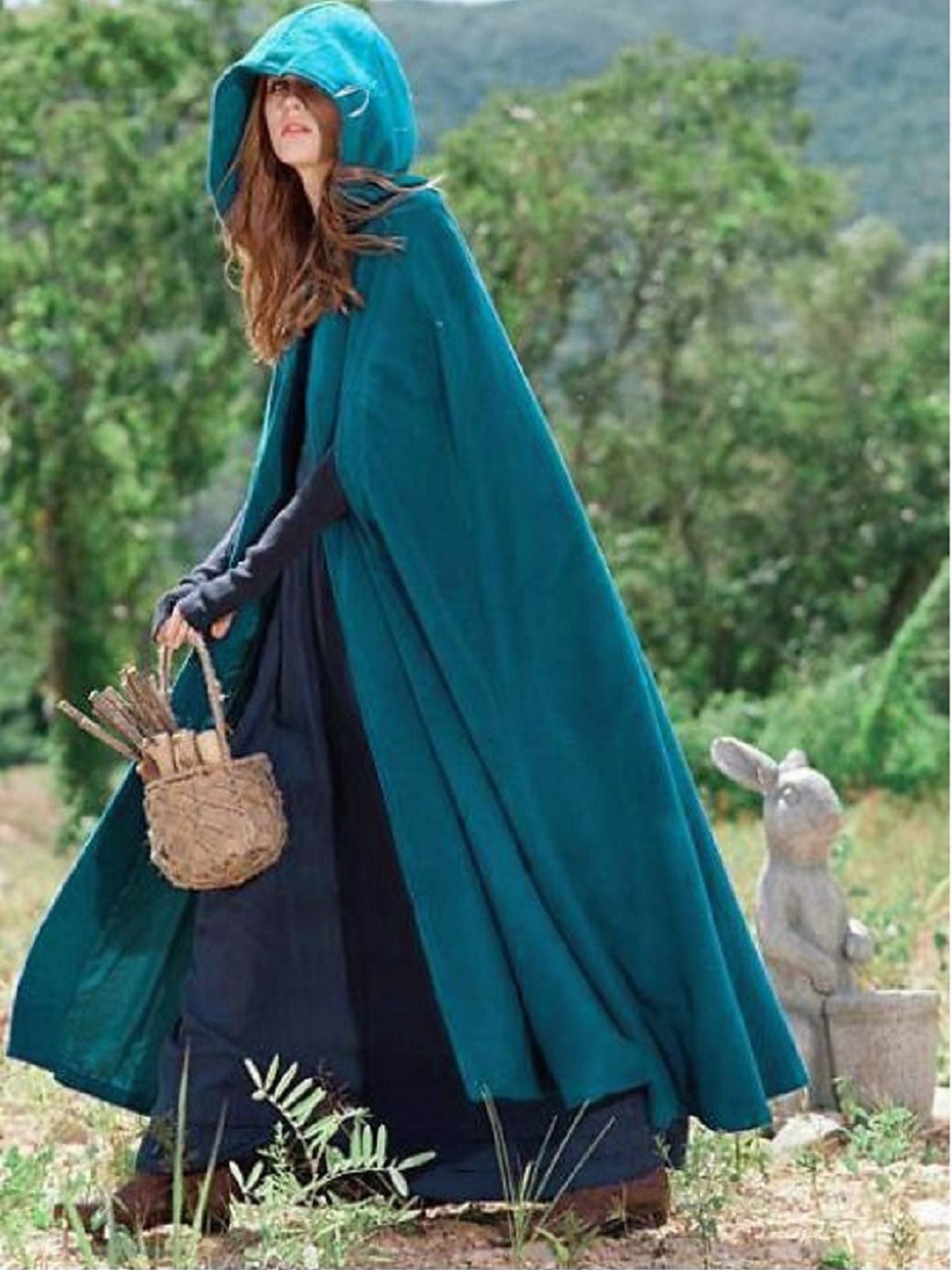Long Vintage Hooded Cloak for Adults in Dark Green Medieval Style
