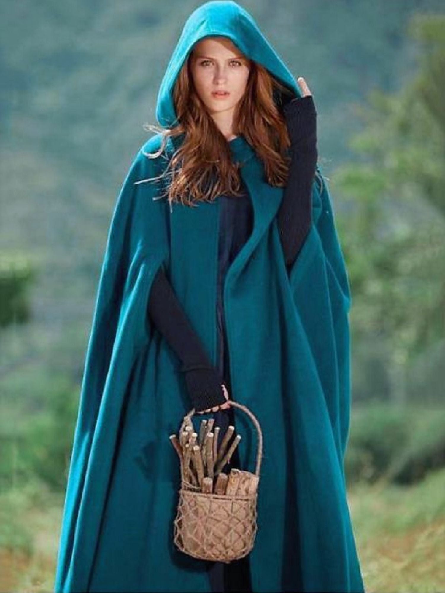 Long Vintage Hooded Cloak for Adults in Dark Green Medieval Style