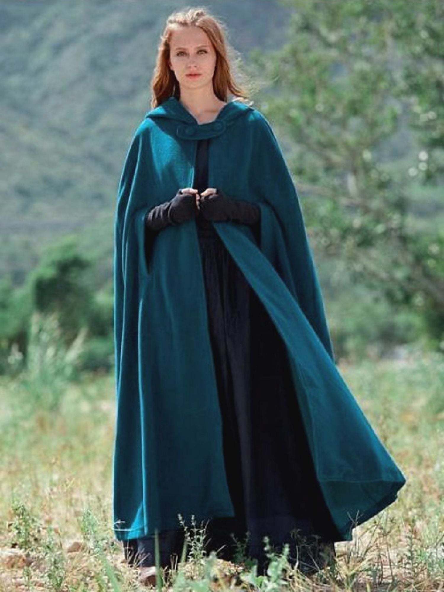 Long Vintage Hooded Cloak for Adults in Dark Green Medieval Style
