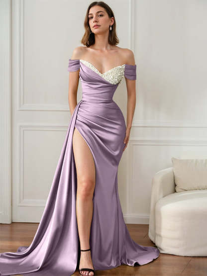 Elegant Off-the-Shoulder Evening Dresses with Strapless Design and Sweep Train