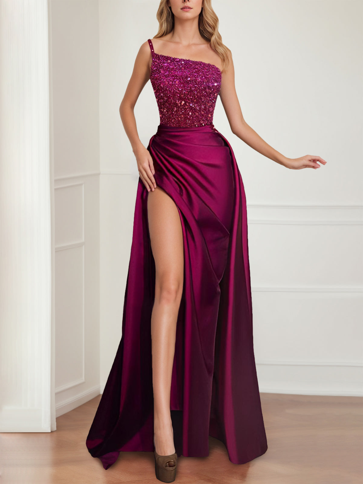 Fuchsia Floor-Length Sparkly Evening Gown Featuring a Split