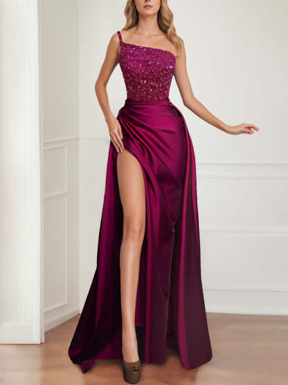 Fuchsia Floor-Length Sparkly Evening Gown Featuring a Split