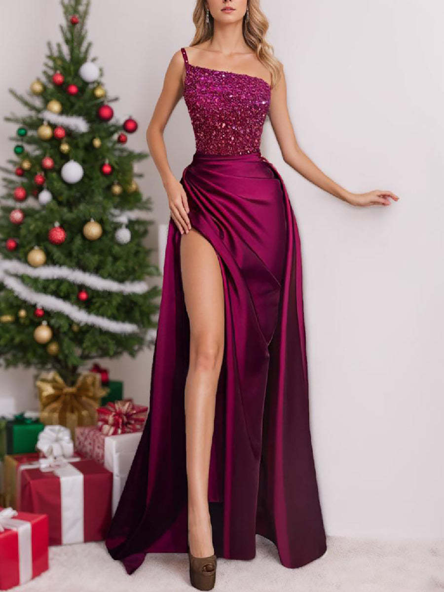 Fuchsia Floor-Length Sparkly Evening Gown Featuring a Split