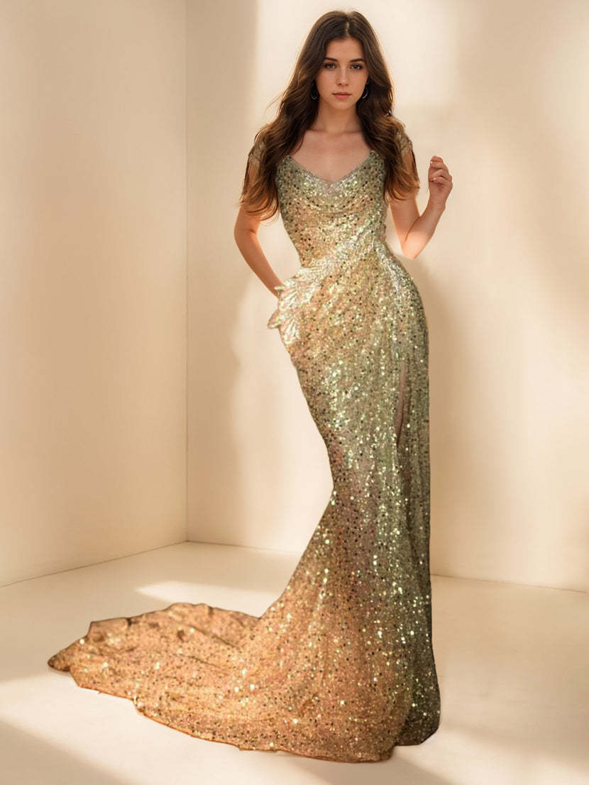 Evening Gown with Sparkly Sequin Sweep Train