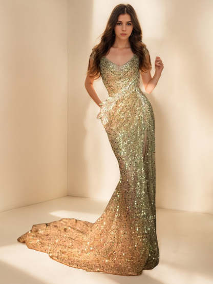 Evening Gown with Sparkly Sequin Sweep Train