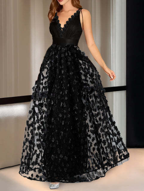 Sleeveless V-Neck A-Line Princess Evening Dresses with Embroidery Ankle Length