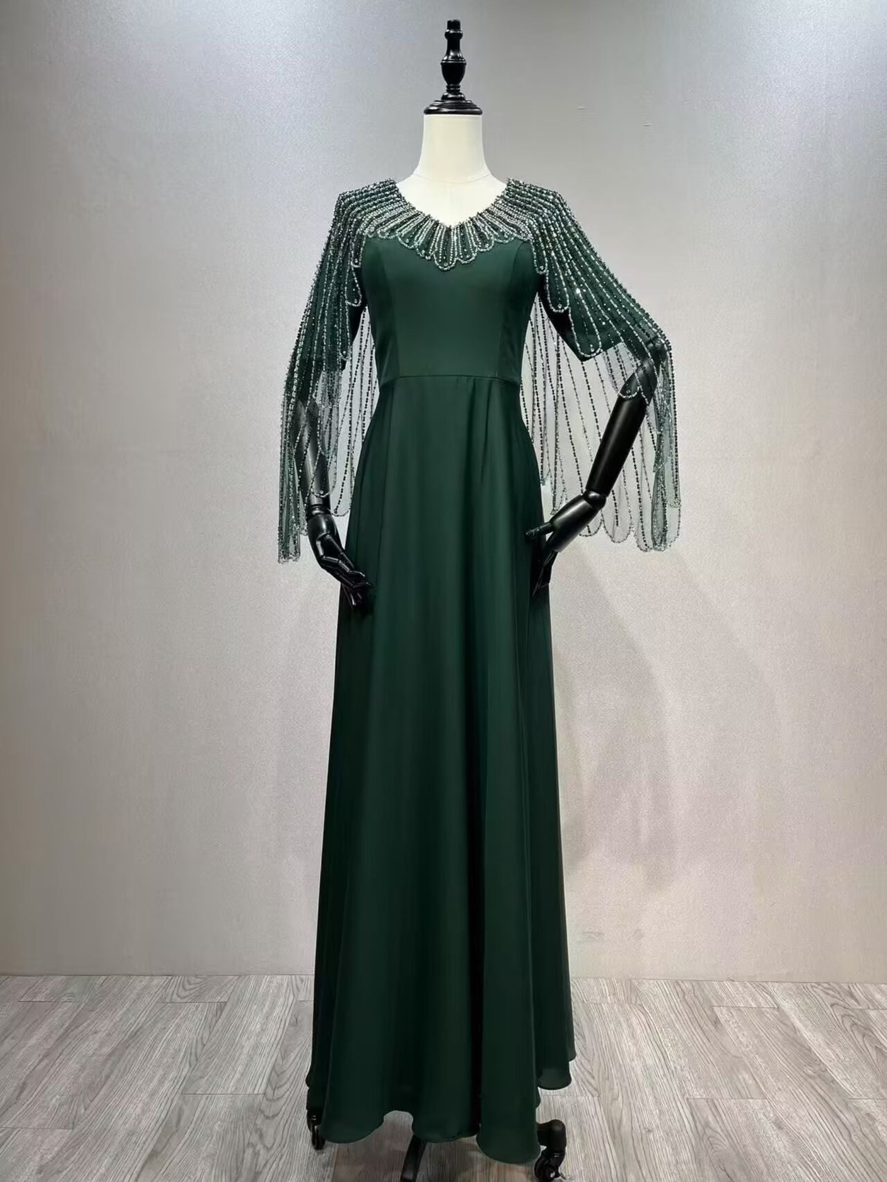 V-Neck A-Line Princess Evening Gown with Short Sleeves Floor-Length Hem Appliques and Rhinestones