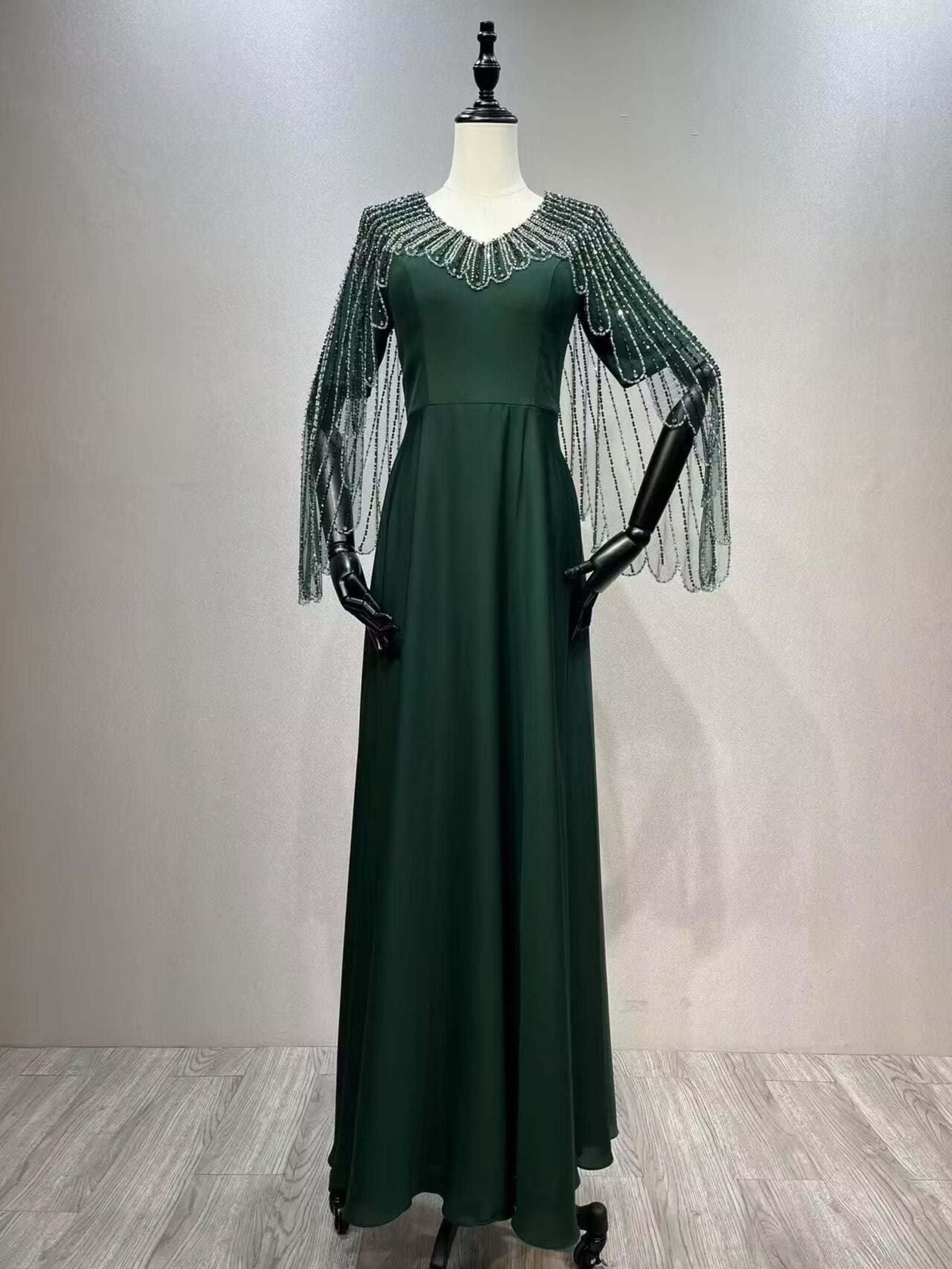 V-Neck A-Line Princess Evening Gown with Short Sleeves Floor-Length Hem Appliques and Rhinestones