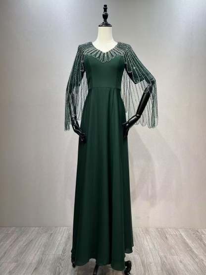 V-Neck A-Line Princess Evening Gown with Short Sleeves Floor-Length Hem Appliques and Rhinestones