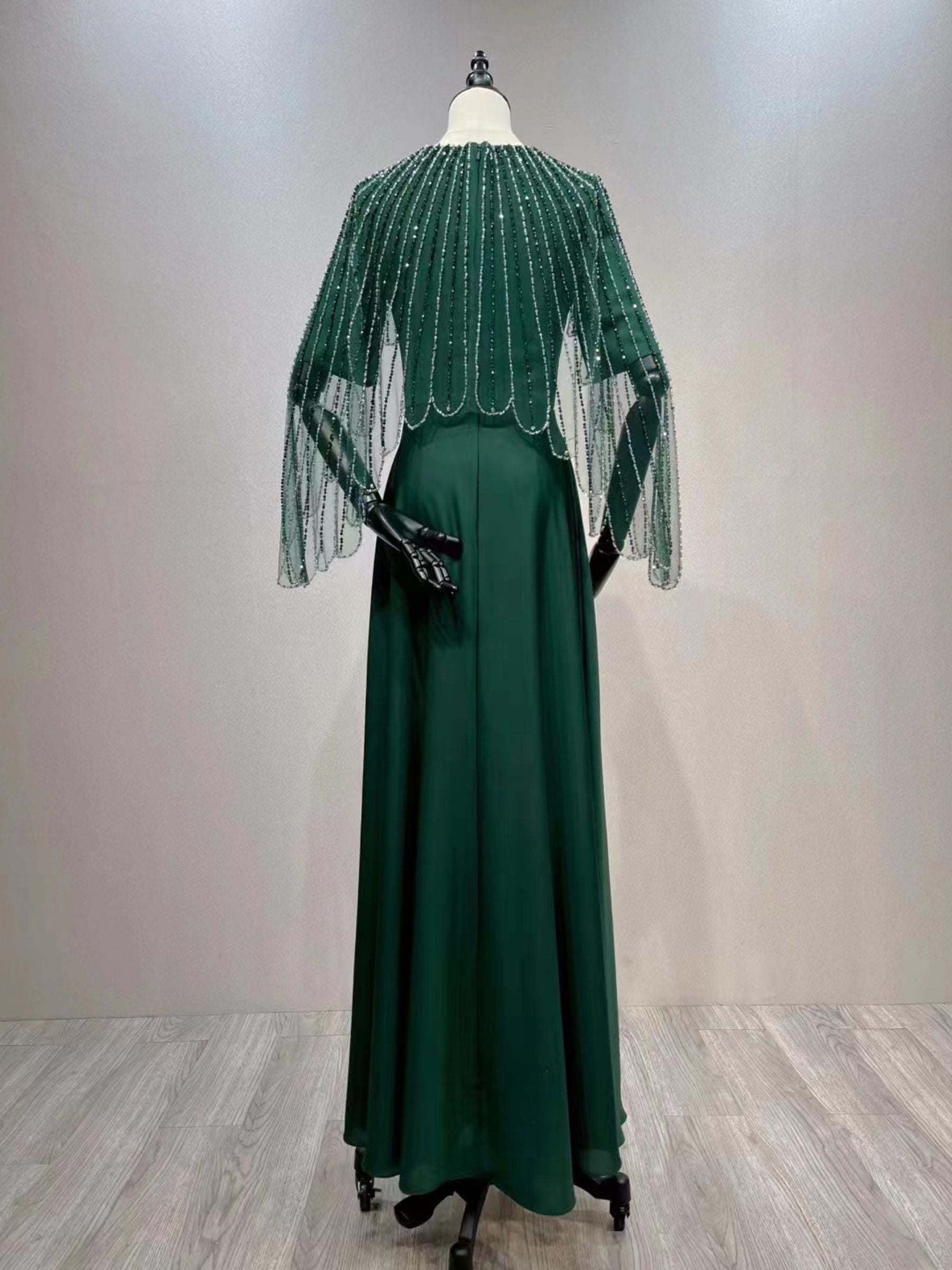 V-Neck A-Line Princess Evening Gown with Short Sleeves Floor-Length Hem Appliques and Rhinestones