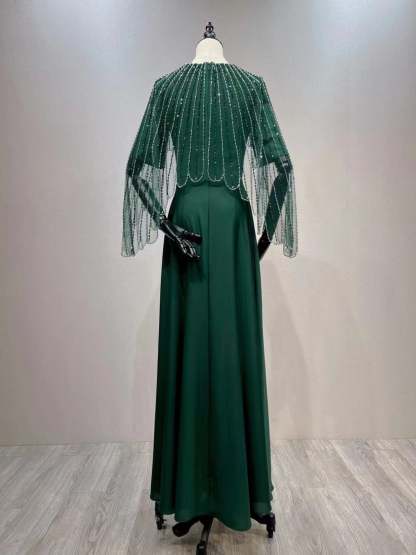 V-Neck A-Line Princess Evening Gown with Short Sleeves Floor-Length Hem Appliques and Rhinestones