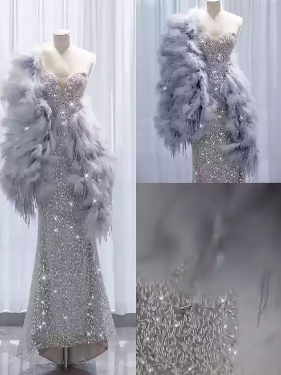 Strapless Sleeveless Evening Dresses with Sparkling Trumpet/Mermaid Silhouette and Feather Cape