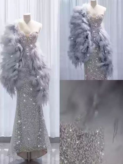 Strapless Sleeveless Evening Dresses with Sparkling Trumpet/Mermaid Silhouette and Feather Cape
