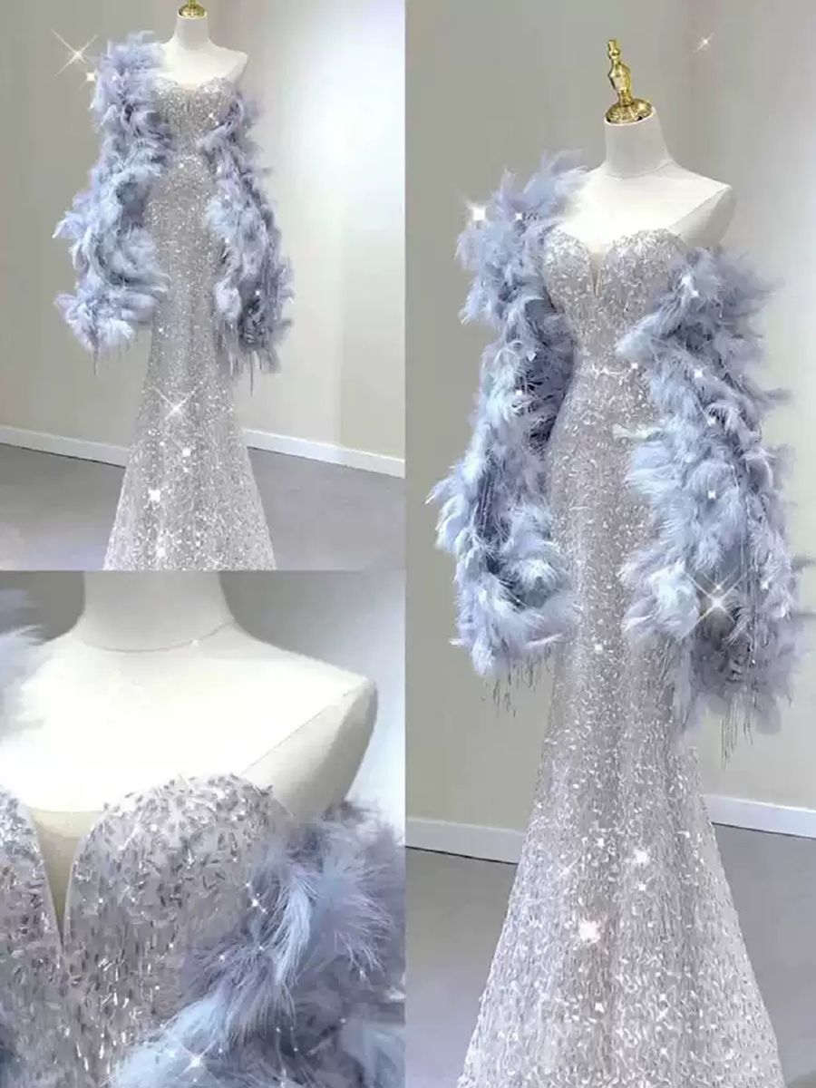 Strapless Sleeveless Evening Dresses with Sparkling Trumpet/Mermaid Silhouette and Feather Cape