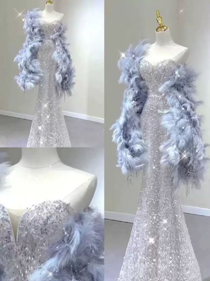 Strapless Sleeveless Evening Dresses with Sparkling Trumpet/Mermaid Silhouette and Feather Cape