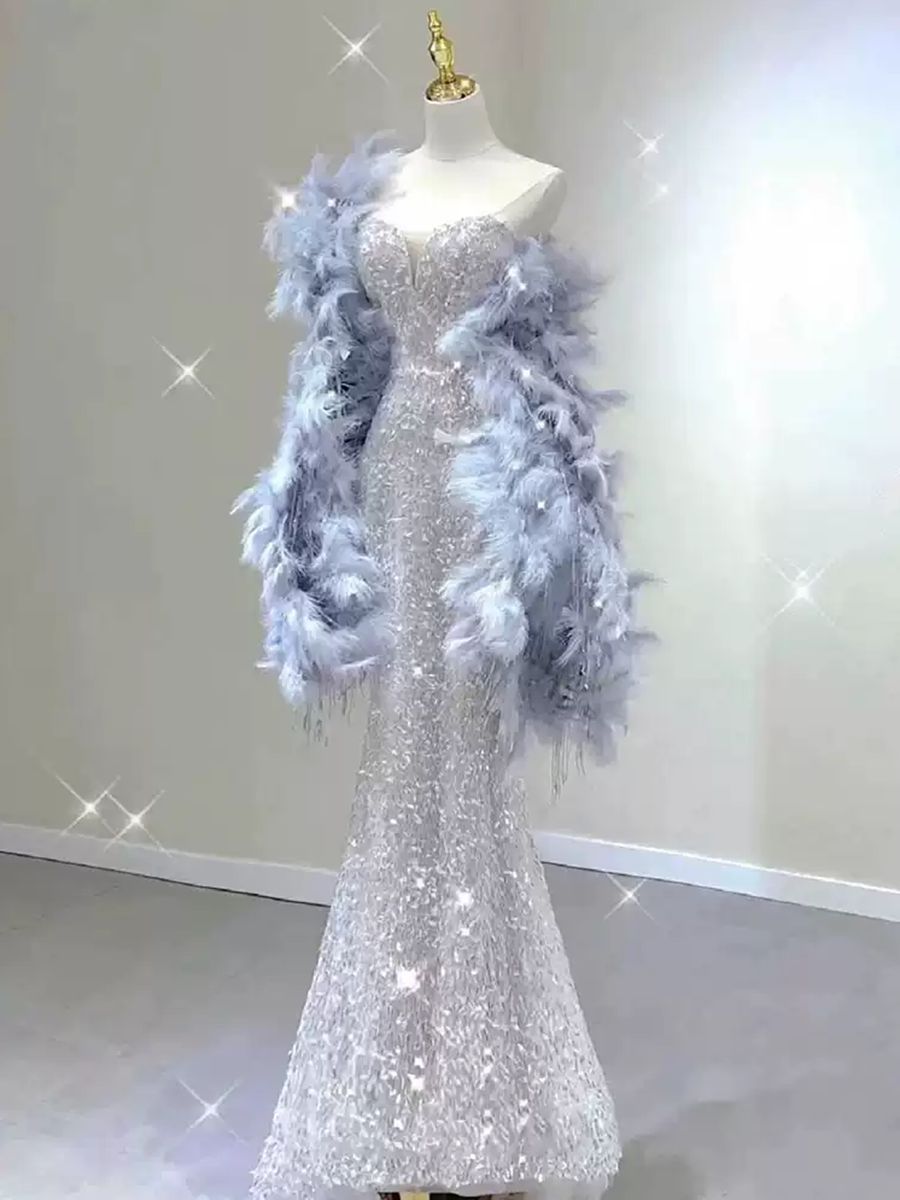 Strapless Sleeveless Evening Dresses with Sparkling Trumpet/Mermaid Silhouette and Feather Cape