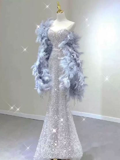 Strapless Sleeveless Evening Dresses with Sparkling Trumpet/Mermaid Silhouette and Feather Cape