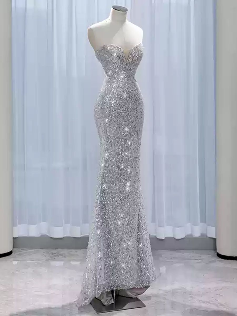 Strapless Sleeveless Evening Dresses with Sparkling Trumpet/Mermaid Silhouette and Feather Cape