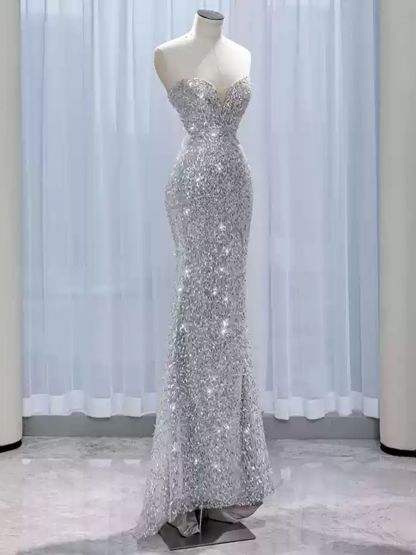 Strapless Sleeveless Evening Dresses with Sparkling Trumpet/Mermaid Silhouette and Feather Cape