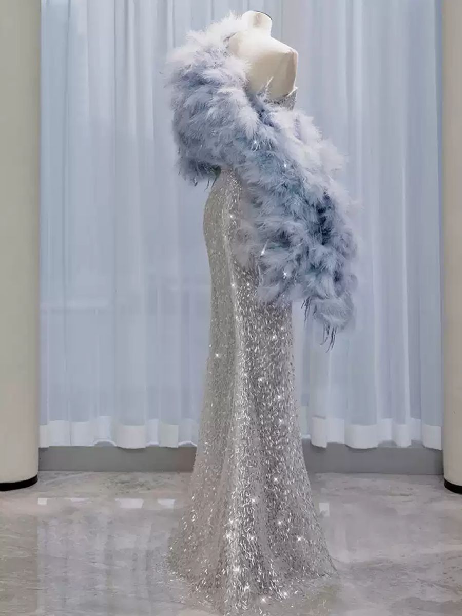 Strapless Sleeveless Evening Dresses with Sparkling Trumpet/Mermaid Silhouette and Feather Cape