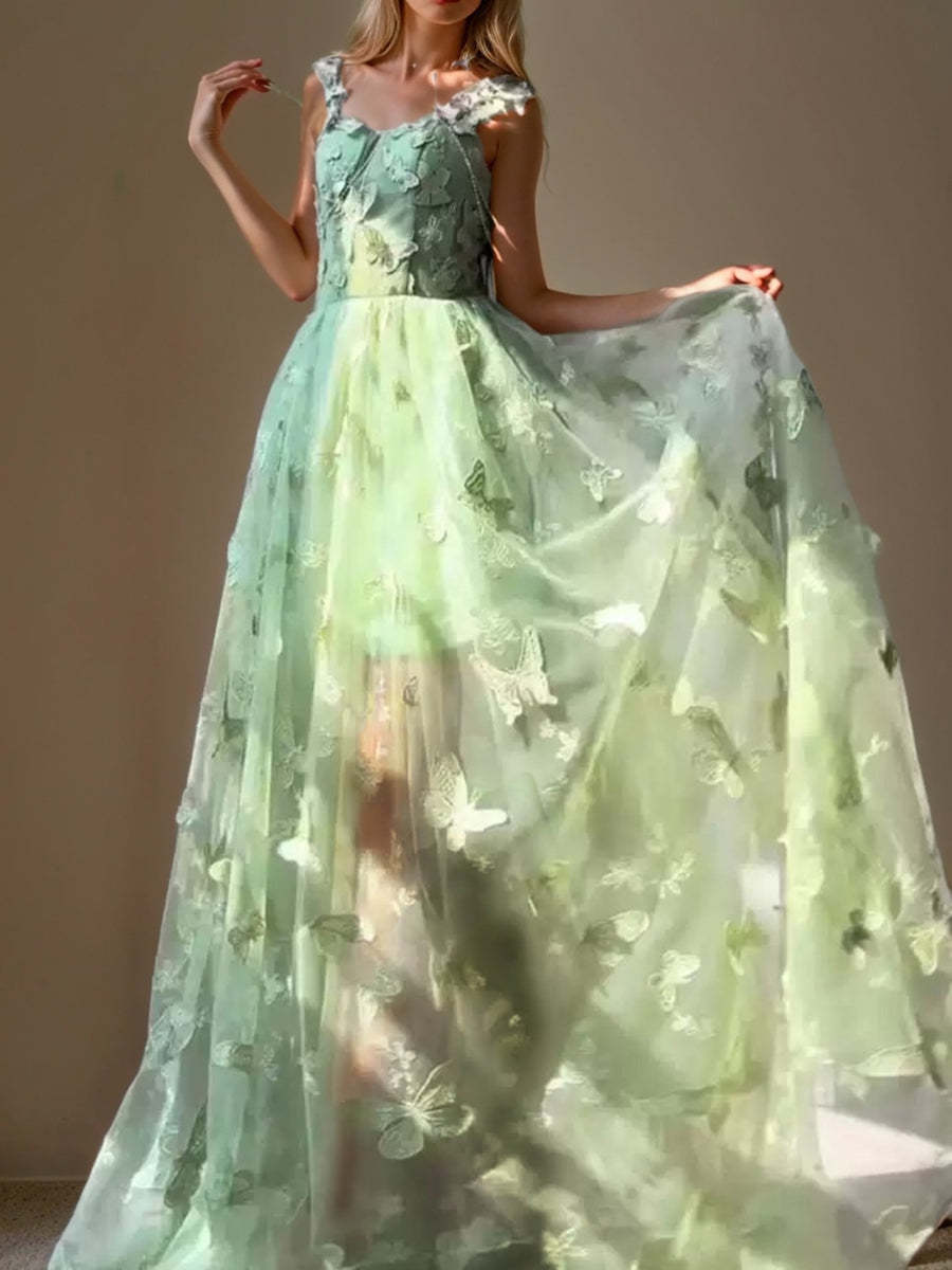 Floor-Length Green A-Line Evening Dresses with Spaghetti Straps and Embroidery