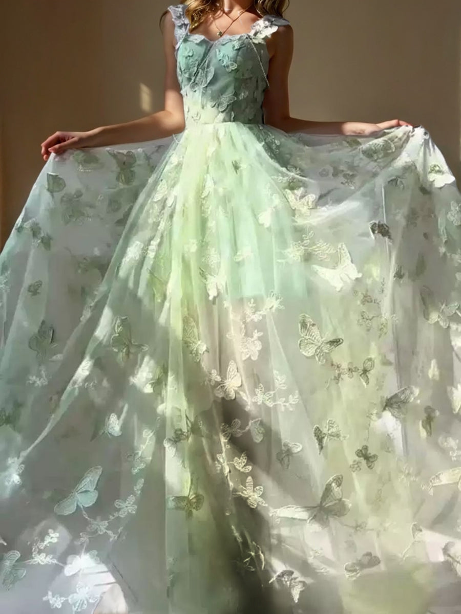 Floor-Length Green A-Line Evening Dresses with Spaghetti Straps and Embroidery