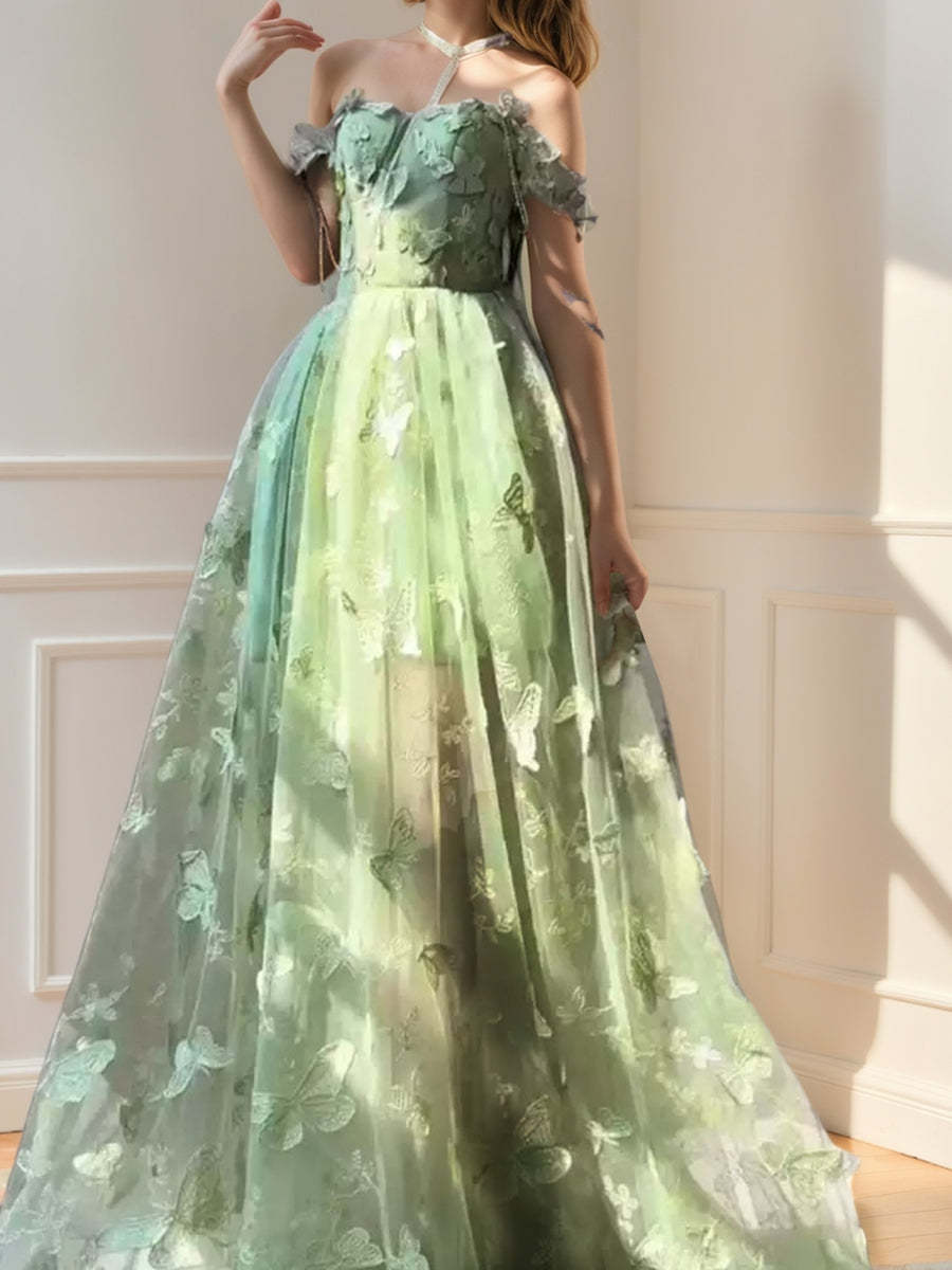 Floor-Length Green A-Line Evening Dresses with Spaghetti Straps and Embroidery