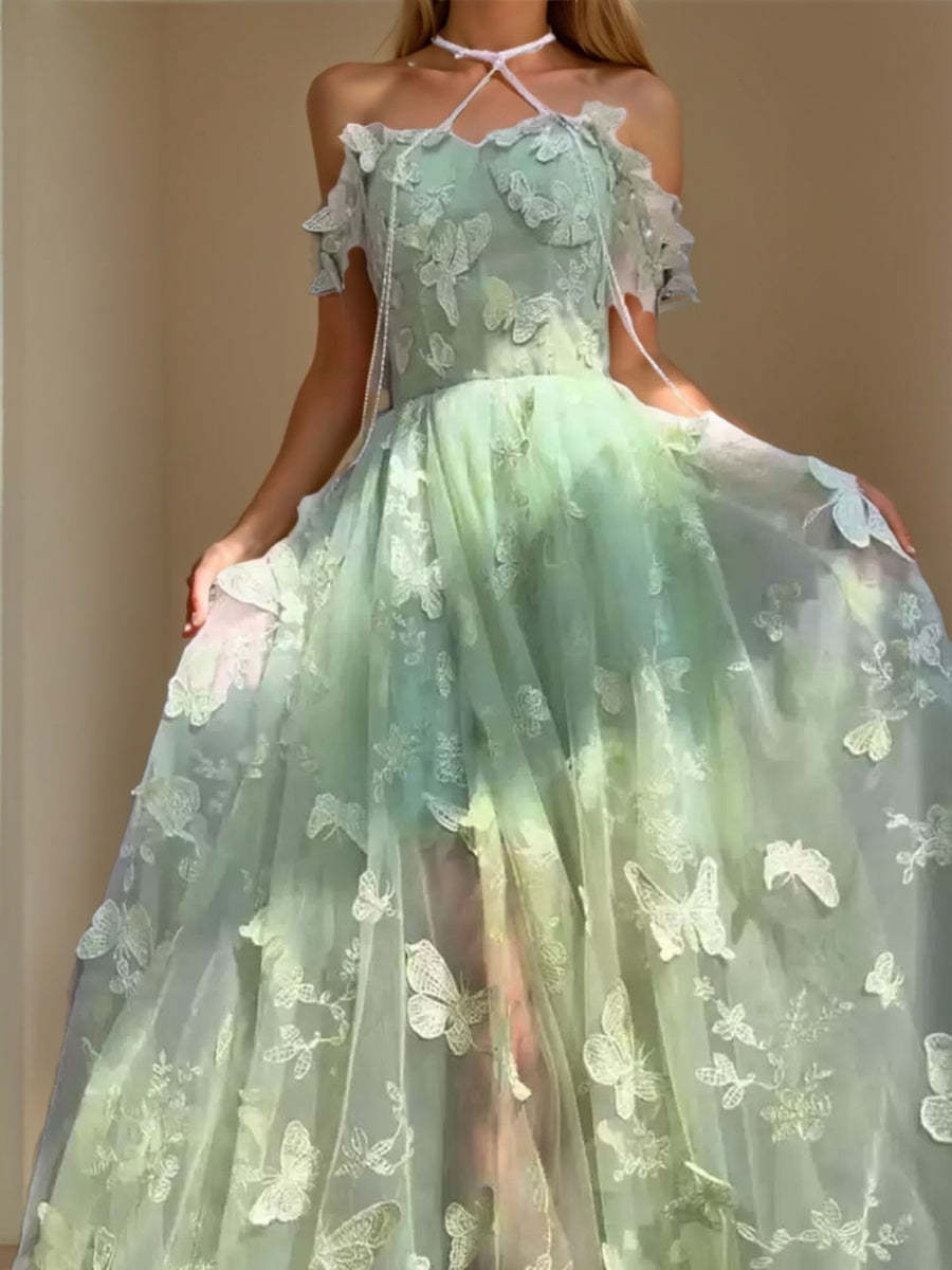 Floor-Length Green A-Line Evening Dresses with Spaghetti Straps and Embroidery